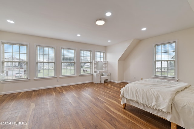 bedroom featuring multiple windows and hardwood / wood-style floors