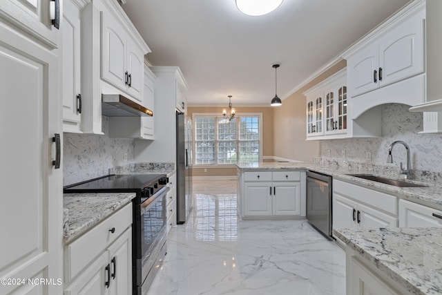 kitchen with crown molding, sink, white cabinets, decorative light fixtures, and appliances with stainless steel finishes