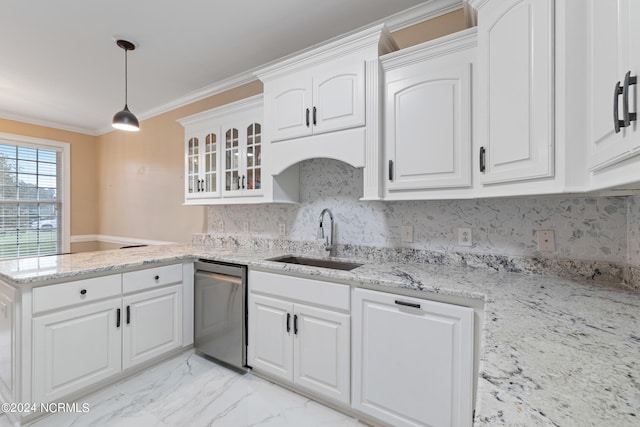 kitchen featuring kitchen peninsula, white cabinets, ornamental molding, dishwasher, and sink