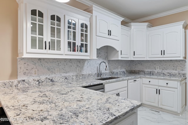 kitchen featuring white cabinetry, light stone countertops, sink, and dishwasher