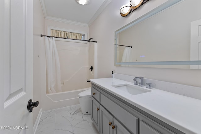 full bathroom with vanity, toilet, crown molding, and shower / bath combination with curtain