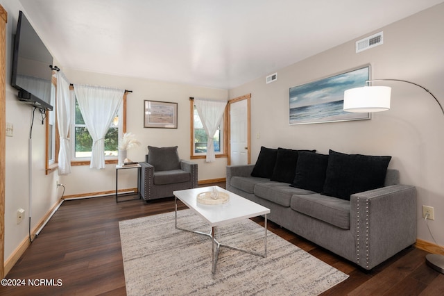 living room with dark hardwood / wood-style flooring and plenty of natural light