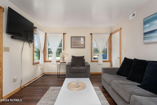 living room featuring dark wood-type flooring and plenty of natural light