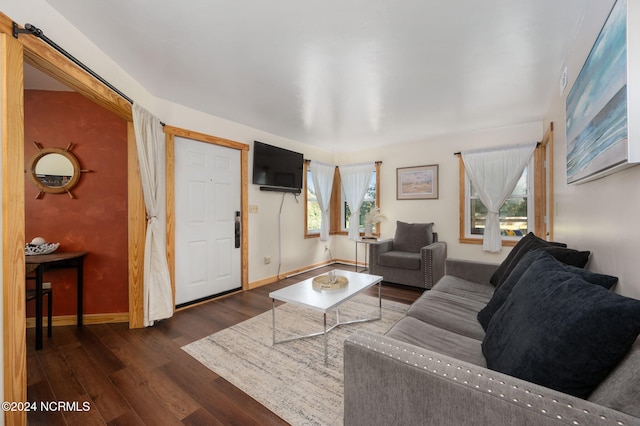 living room featuring a wealth of natural light and dark wood-type flooring