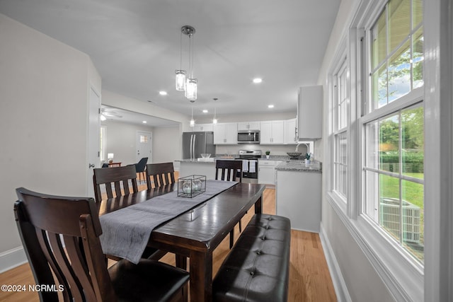 dining room featuring light hardwood / wood-style flooring and ceiling fan