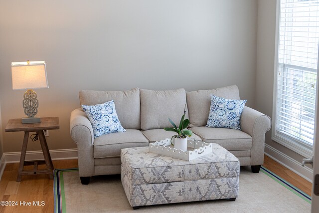 living area featuring baseboards and light wood finished floors