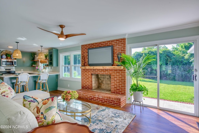 living room featuring ornamental molding, dark hardwood / wood-style floors, and ceiling fan