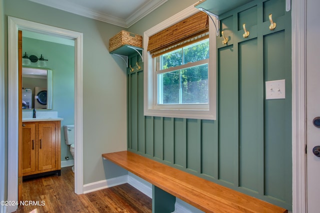 mudroom featuring ornamental molding, sink, and dark hardwood / wood-style flooring