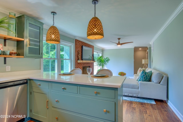 kitchen with kitchen peninsula, hanging light fixtures, stainless steel dishwasher, dark hardwood / wood-style floors, and crown molding