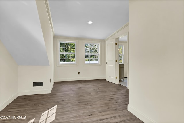 interior space with vaulted ceiling, crown molding, and dark hardwood / wood-style floors