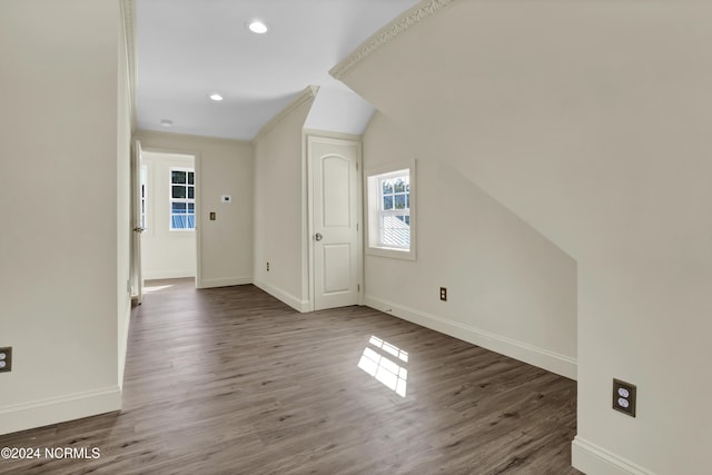 additional living space with dark wood-type flooring and lofted ceiling