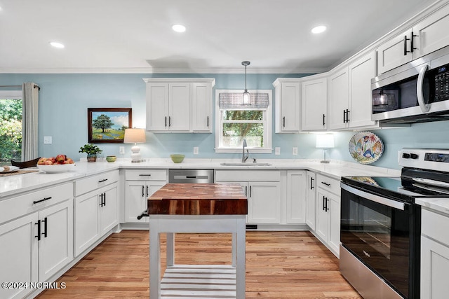 kitchen featuring pendant lighting, sink, stainless steel appliances, and plenty of natural light