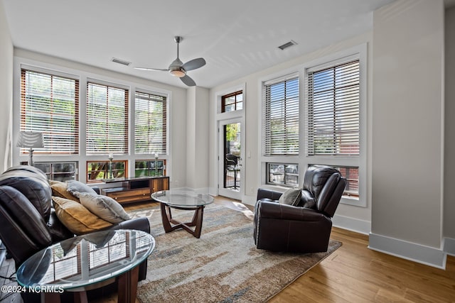 living room with hardwood / wood-style flooring and ceiling fan