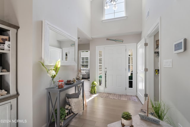 entryway with a wealth of natural light, hardwood / wood-style floors, and a towering ceiling