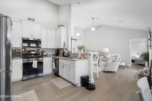 kitchen with light hardwood / wood-style flooring, white cabinetry, stainless steel appliances, and sink