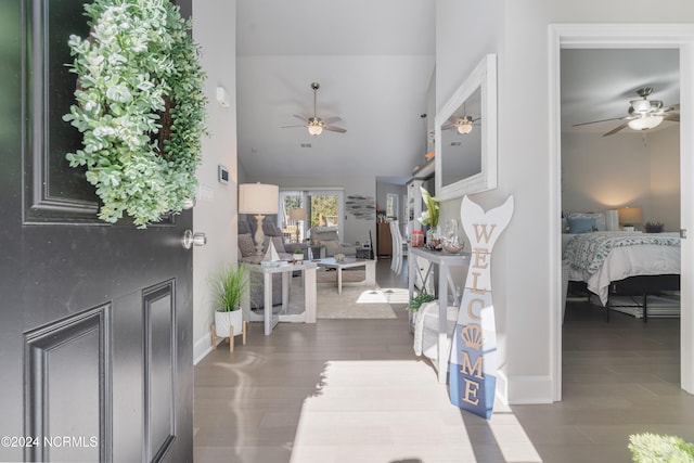 foyer featuring dark hardwood / wood-style floors, high vaulted ceiling, and ceiling fan