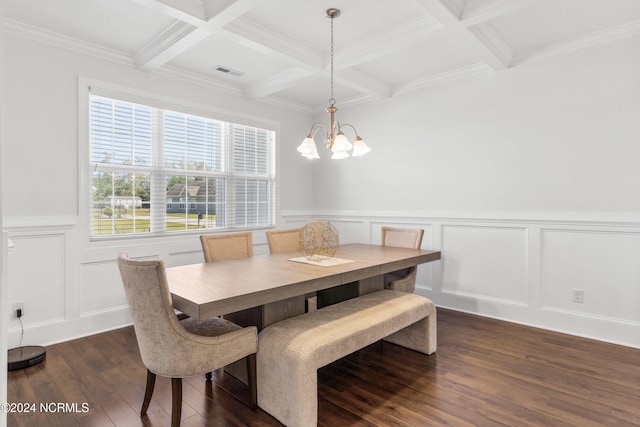 dining space with coffered ceiling, beamed ceiling, dark wood-type flooring, ornamental molding, and a chandelier