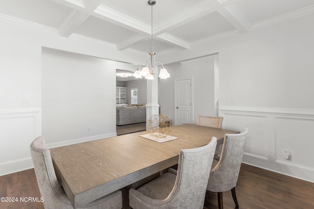 dining area featuring beam ceiling, coffered ceiling, and dark hardwood / wood-style flooring