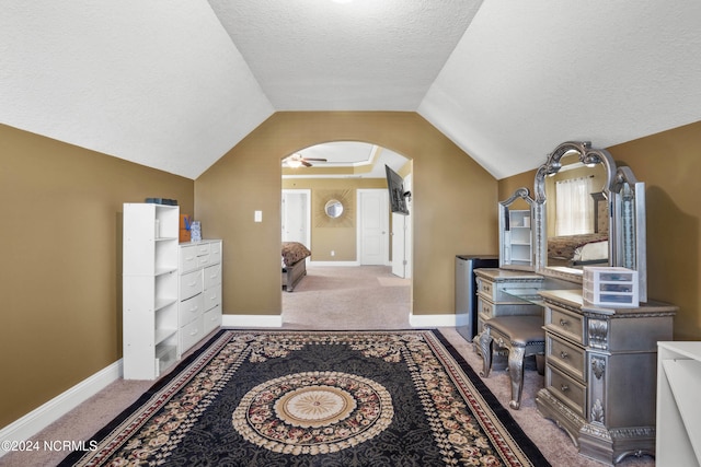 interior space featuring a textured ceiling and vaulted ceiling