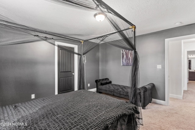 bedroom with carpet floors and a textured ceiling