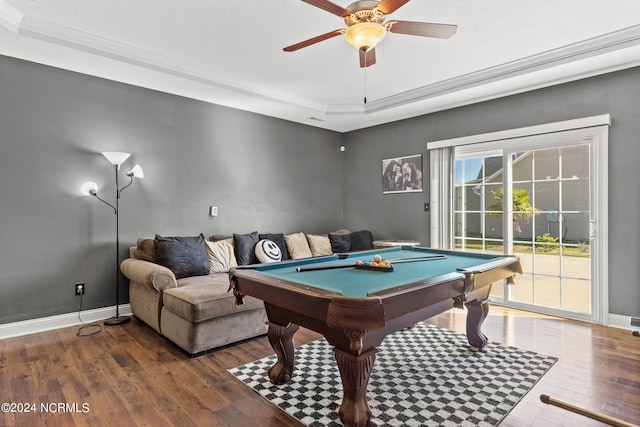 recreation room with pool table, dark hardwood / wood-style floors, and ceiling fan