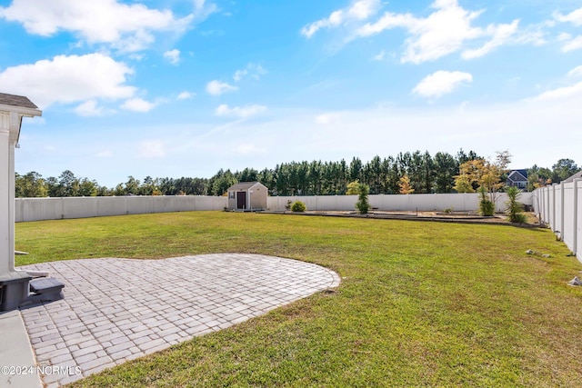 view of yard featuring a shed and a patio area