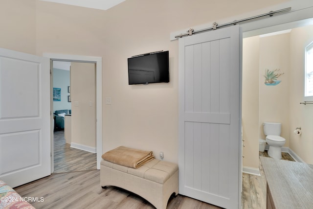 interior space featuring a barn door and light hardwood / wood-style floors