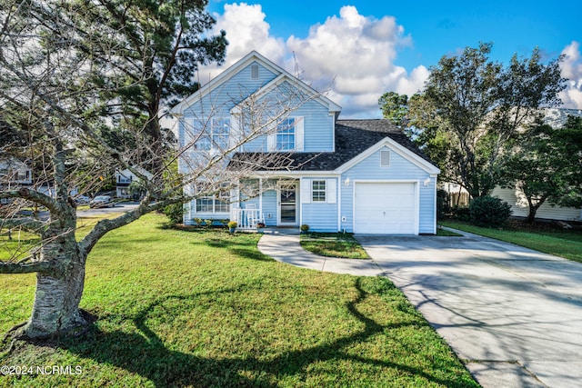 view of front of property featuring a front lawn, covered porch, and a garage