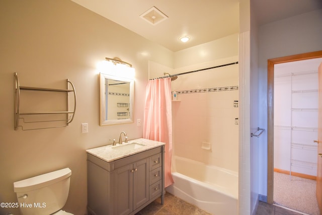 full bathroom with shower / bathtub combination with curtain, tile patterned flooring, vanity, and toilet