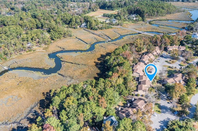 birds eye view of property featuring a water view and a view of trees