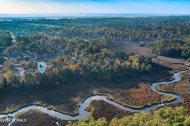 drone / aerial view featuring a water view and a wooded view