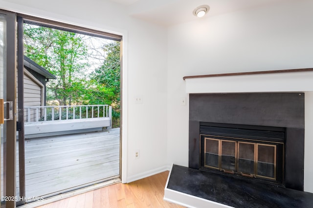 room details with a glass covered fireplace, wood finished floors, and baseboards