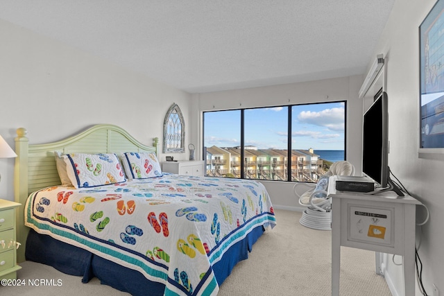 carpeted bedroom with a textured ceiling