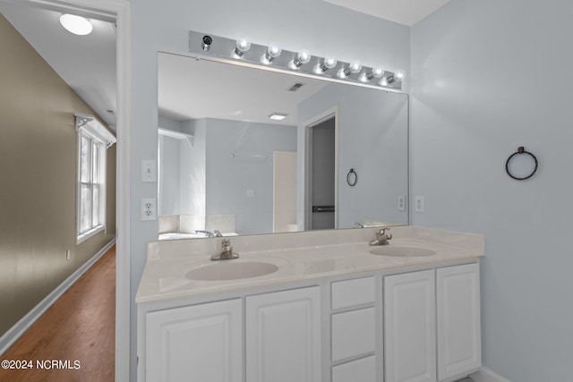 bathroom featuring vanity and hardwood / wood-style floors