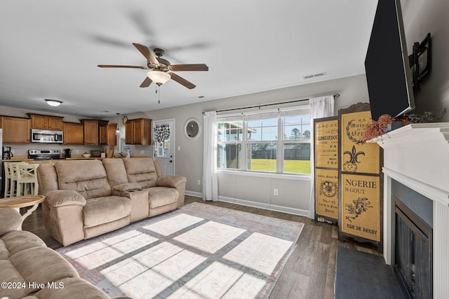 living room with ceiling fan and hardwood / wood-style flooring