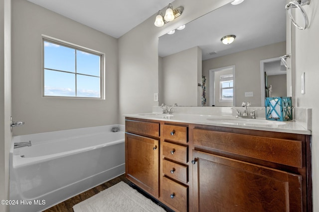 bathroom with wood-type flooring, vanity, a bathtub, and a healthy amount of sunlight