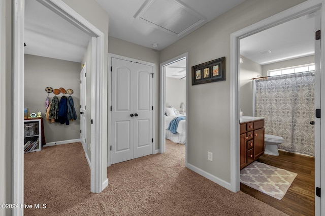 hall with light colored carpet