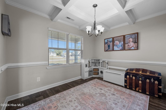 dining area with coffered ceiling, beamed ceiling, and dark hardwood / wood-style floors