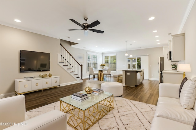 living room with crown molding, ceiling fan, and dark hardwood / wood-style floors