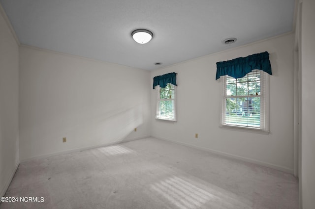 unfurnished room featuring ornamental molding, carpet flooring, and a wealth of natural light