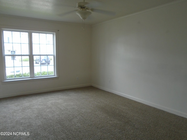 spare room featuring ornamental molding, carpet floors, and ceiling fan