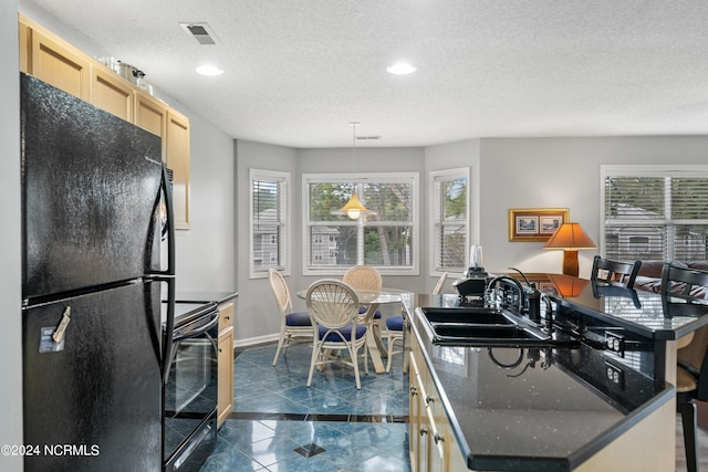 kitchen featuring a textured ceiling, black appliances, sink, pendant lighting, and a center island