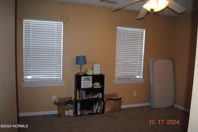 miscellaneous room featuring ceiling fan and carpet