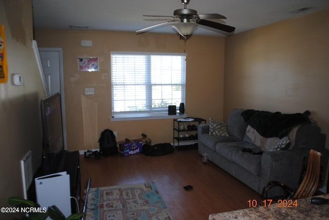 living room featuring ceiling fan and hardwood / wood-style flooring