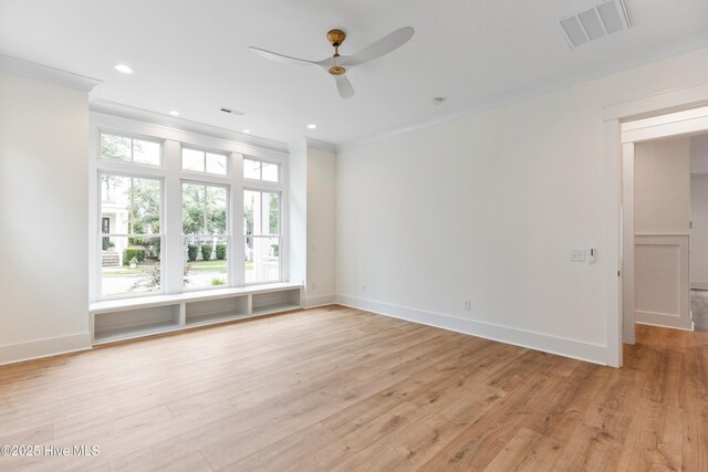 5312 Hanahan Dr, Wilmington, NC 28403 - unfurnished room featuring a ceiling fan, light wood-style flooring, ornamental molding, and recessed lighting