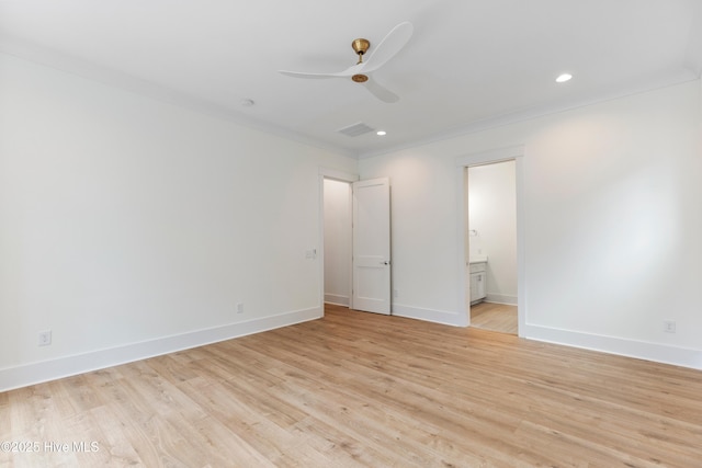 5312 Hanahan Dr, Wilmington, NC 28403 - unfurnished bedroom featuring light wood-style flooring, ensuite bathroom, recessed lighting, crown molding, and a ceiling fan