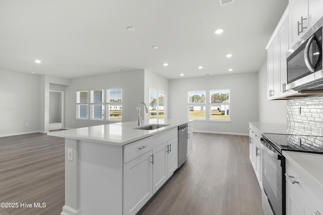 kitchen featuring white cabinets, appliances with stainless steel finishes, a kitchen island with sink, and sink