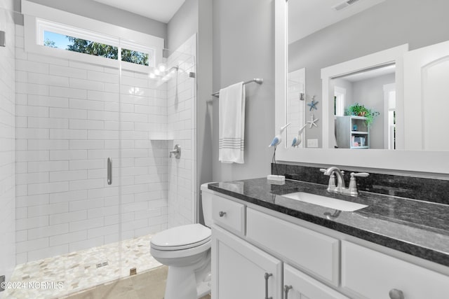 bathroom featuring toilet, walk in shower, and vanity