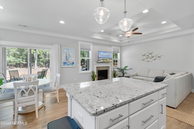 kitchen with a raised ceiling, a center island, hanging light fixtures, white cabinets, and light hardwood / wood-style flooring