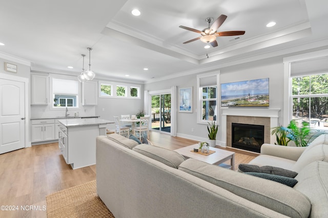 living room with a fireplace, ornamental molding, a tray ceiling, and light wood-type flooring